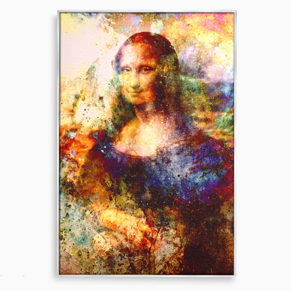 Tablou canvas cu tablou canvas cu mona lisa in culori vibrante, in rama de aluminiu argintiu